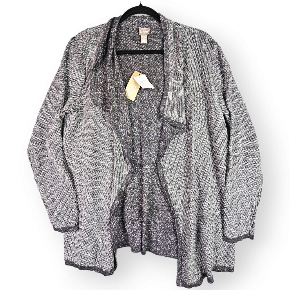 NWT Chicos Size 2 Large Geena Glimmer Charcoal Knit Cardigan Sweater Open Front